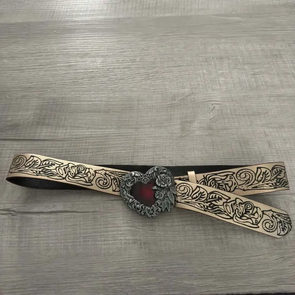 Gothic Style Faux Leather Belt with Red Heart Rose Embossed Buckle